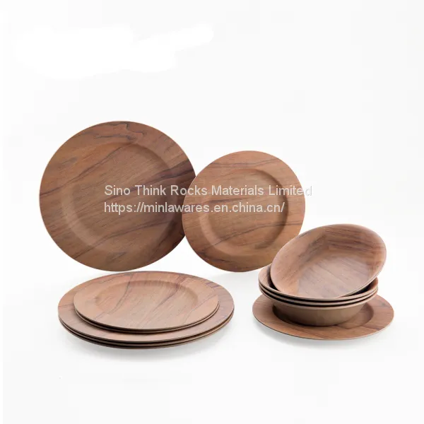 Factory Direct Price 16pcs Wooden Grain Melamine Dinnerware Wood Plates and Bowl Set With Cups photo-2