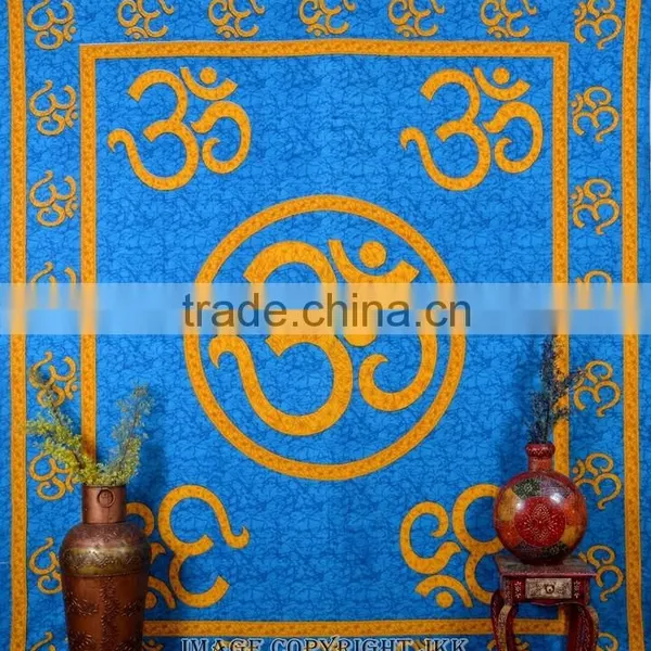 Indian Tapestry Cotton OM Print Blue Wall Hanging Tapestries Throw Mandala Print photo-2