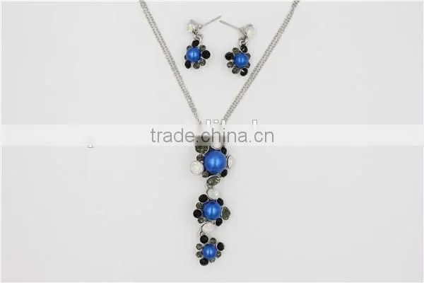 Popular Blue 3 Flowers Pendant Necklace Fancy Necklace and Earring Fashion Jewelry Set photo-2