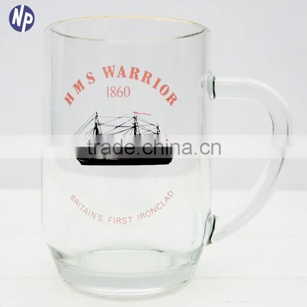 Printed Clear Glass Beer Mug With Handle