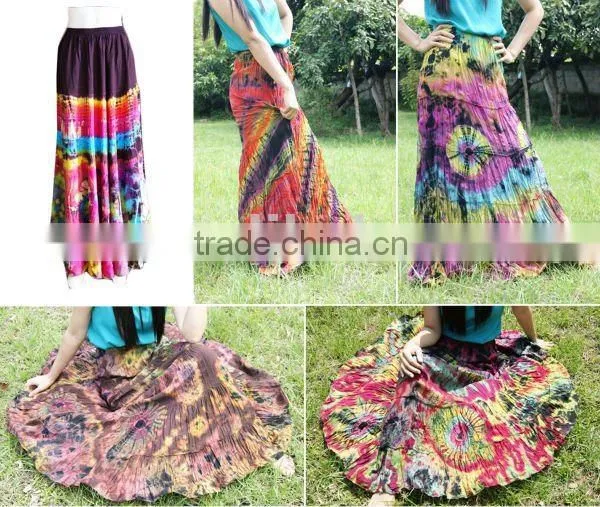 Vintage Thai Retro HIPPIE BOHO Thai Art Tie Dye Handmade Maxi Long Wide Skirts Patchwork Reverse Dress