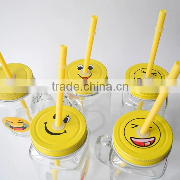 Cute Emoji Smile Face Decal Glass Beverage Handle Mug With Yellow Lid photo-3