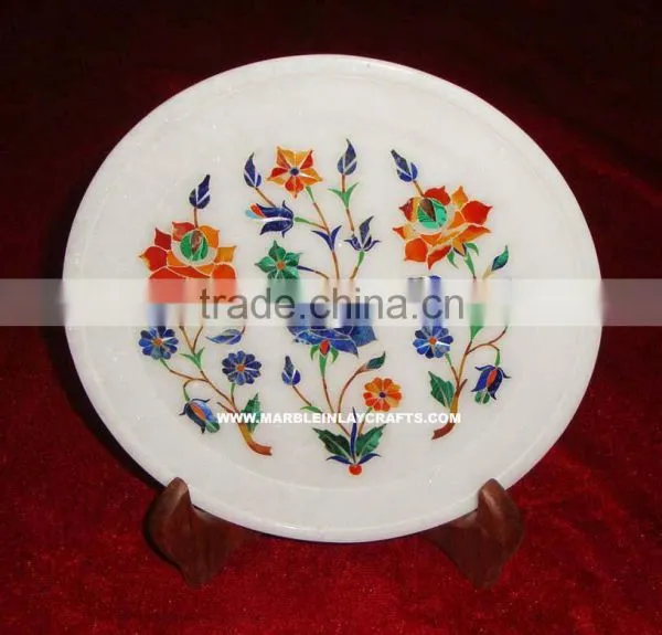 Semi Precious Gem Stone Inlaid Plate Marble Handmade