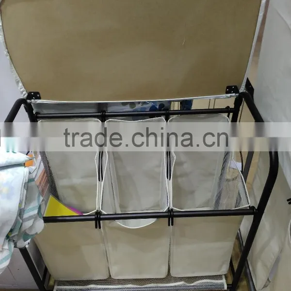 Hotel and Home Usage Triple Laundry Sorter With Ironing Board/3 Lift-off Fableable Landry Sorter photo-3