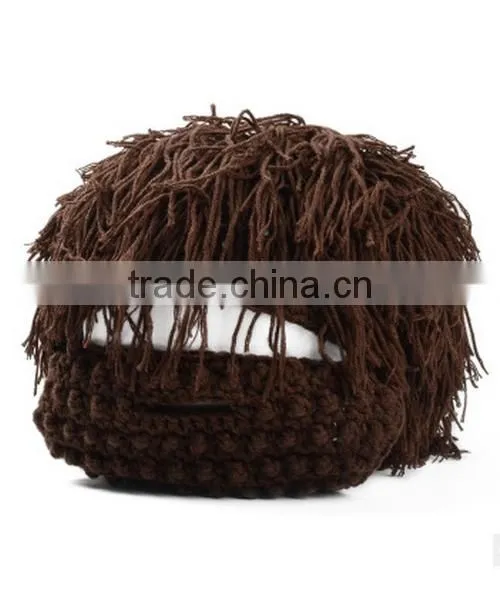 Men Barbarian Knit Crochet Hat Mad Scientist Wig Mustache Cap Beard Hat photo-6