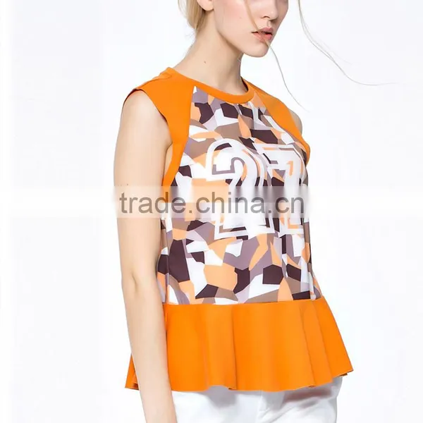 Promotional Top Quality Knitted Wear Popular Printed Ruffle Hem Model Women's Simple Blouse With Sleevless photo-6