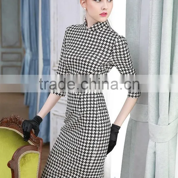 Fashion Design Ladies Houndstooth Dress Slim Fit Stand Collar Bodycon Dress photo-2