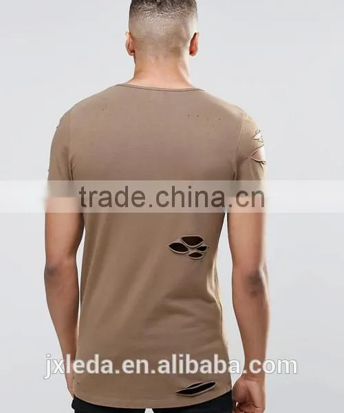 Men Longline Brown Distressing Blank Slim Fitted Muscle T-shirt Custom China Manufacturers photo-2