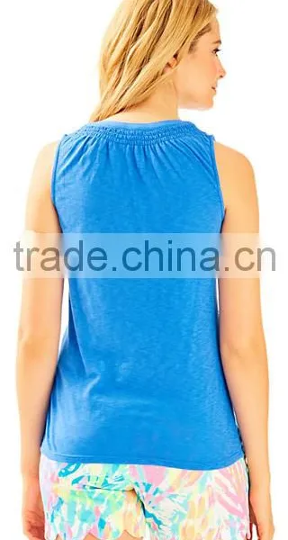 2017 Women Essie Top Sleeveless Button Front Placket Smocked Neckline Cotton Polyester Printed photo-2