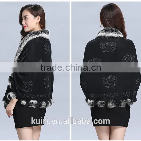 2016 New Design Woman Knitted Shawls With Rex Rabbit Fur Poms Figure Lady Cappa photo-5