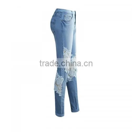 High Waist Girls Jeans Hollow Lace Patchwork Light Blue New Women Sex Pants photo-5