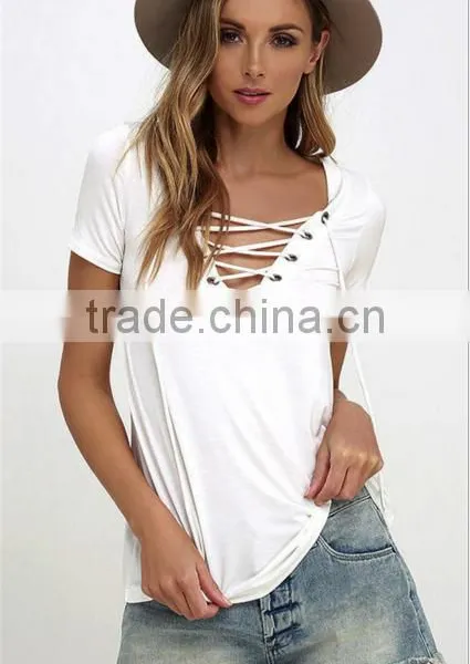 2017 Summer Europe and the United States V Collar Solid Color Tie Female T Shirt Shirt photo-3