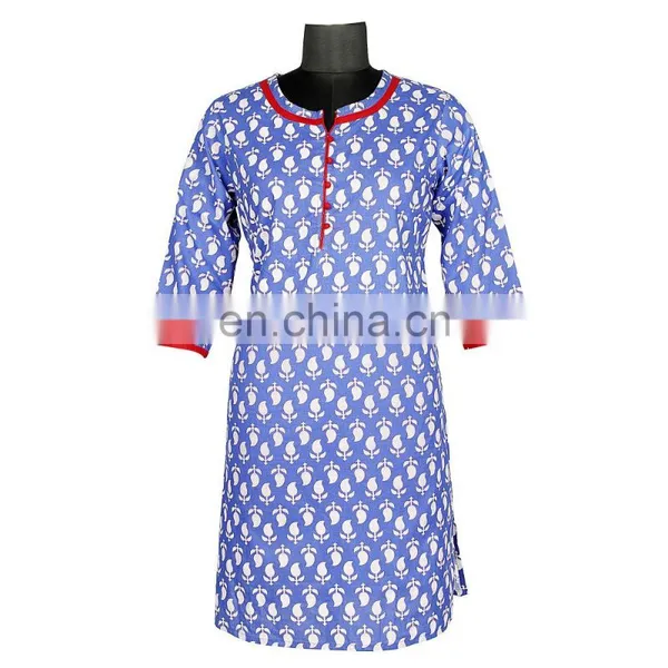 BLUE LEAVE PRINTED LATEST PATTERN WITH RED PATTI ON NECK 100% COTTON photo-2