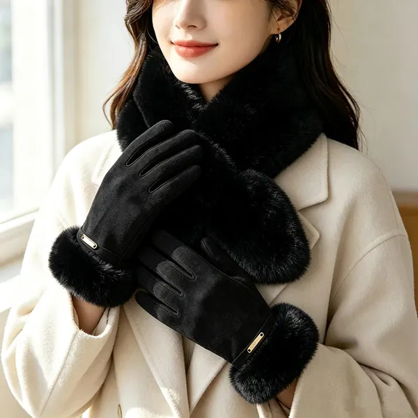 Custom Made Gloves OEM Service Elegant Faux Fur Cuff Metal Accent Soft Thermal Warm Gloves
