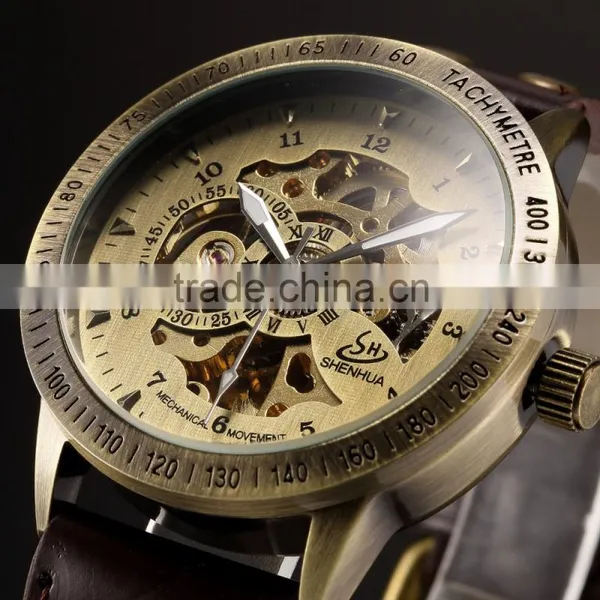 Mens Vintage Bronze Skeleton Analog Auto Sport Mechanical Watch photo-4