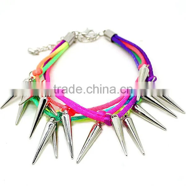 Multi Layered Silver Rivet Charms Neon Silk Cord Bracelet Europe Handmade Punk Style Bracelet photo-3