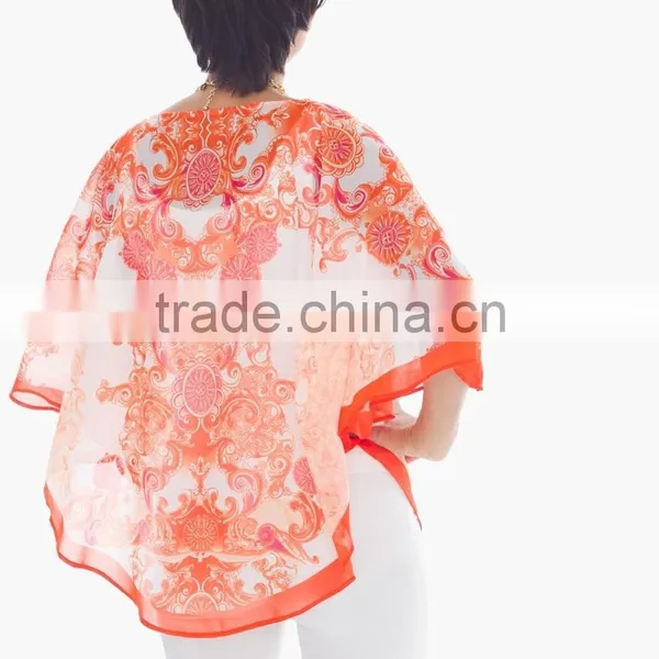Women's Silk Chiffon Contrast Combo Poncho Top Blouse photo-2