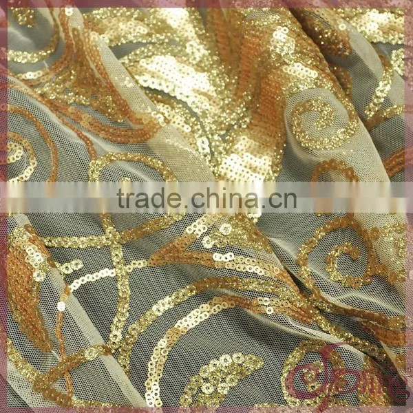 Gold Metallic Embroidery Mesh Fabric, Elegany Floral Embroidered Sequin Fabric photo-5