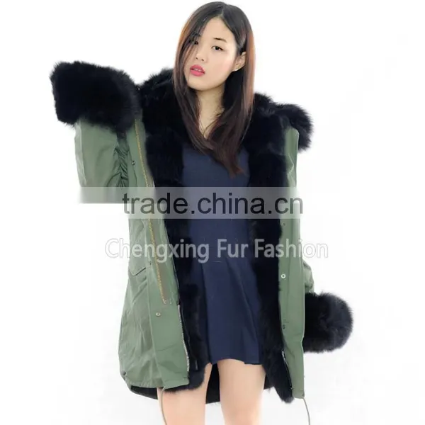 CX-G-P-02 Wholesale Winter Real Fox Fur Jacket / Army Green Fur Parka Coat With Real Fur Collar photo-3