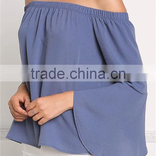 MGOO New Custom Designs Plain Blue Blouses Off Shoulder Long Sleeves Flare Opening Fashion Viscose Blouses photo-6