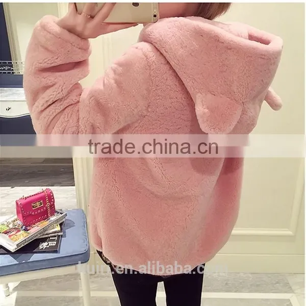 2016 Fashion Lovely Womens Korean Winter Warm Plush Rabbit Ears Hooded Thick Elastic Waist Jacket Ladies Fur Coats photo-2