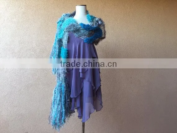 Teal Shawl Aqua Scarf Ocean Seafoam Turquoise Grey Black White Charcoal Hand Knit Striped Fringe Shawl Wrap Cape photo-2