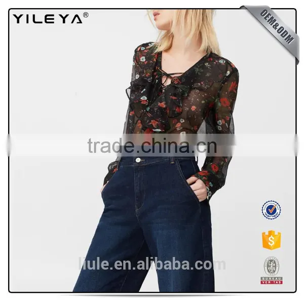 2017 Women Fashion Ruffle Blouses Custom Floral Printing Women Tops photo-2