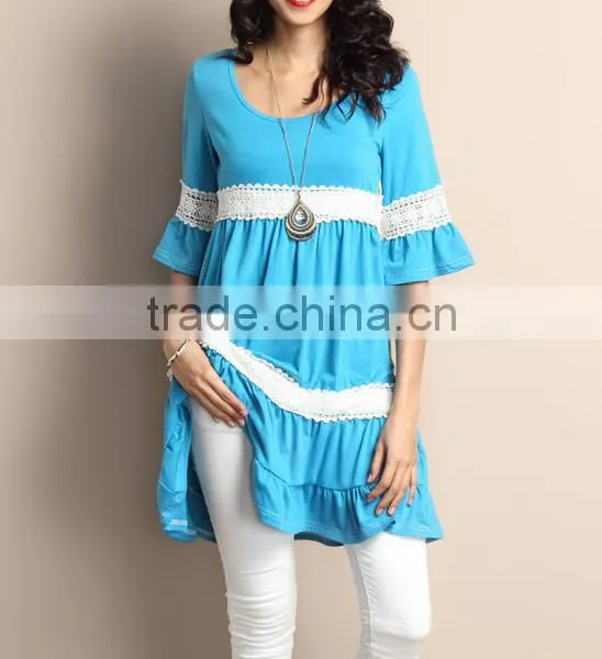2016 New Women Casual Dress With Blue Crochet Bell-Sleeve Tunic Dress Women Dresses Women Clothes GD90426-45