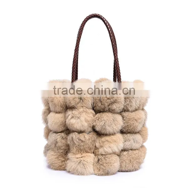 100% Real Rabbit Woman Bucket Handbag Rabbit Fur Ball Ladies Shoulder Bag photo-6