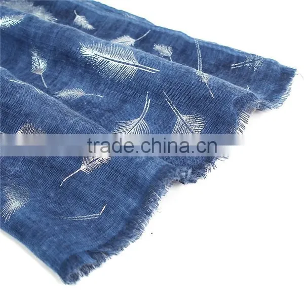 Cotton Polyester Blend Scarves & Wraps Rectangle Silver Blue Feather Scarf Wholesale photo-2