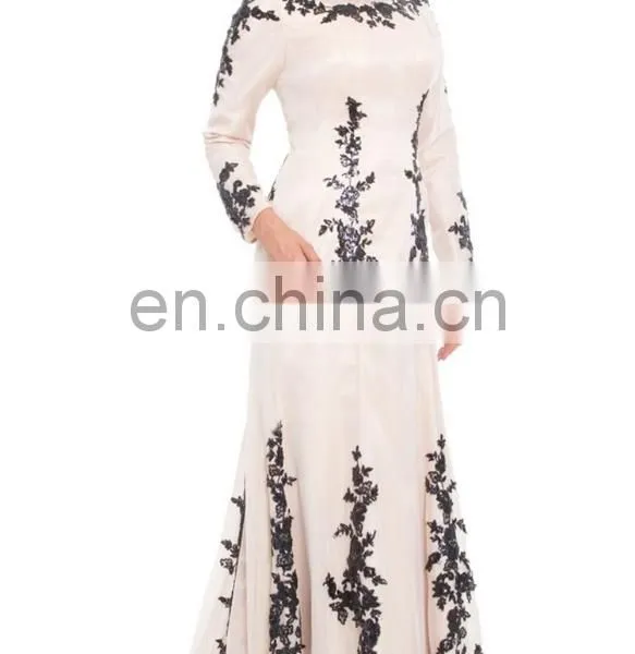 China OEM Long Sleeve Muslim Evening Dress Sequined Silk Beige Muslim Women Formal Dress, Muslim Evening Gown With Wrap Hijab photo-4