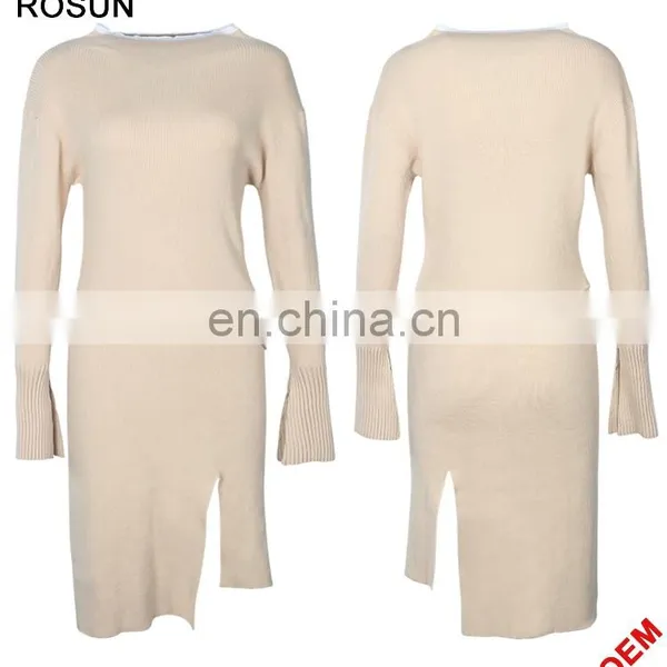 Ladies Cream Bottom Sleeves Cuffs Split Ruffle Dress Sweater photo-3