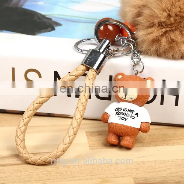 Rabbit Fur Ball WIth Bear Pendant Pom Pom Keychain With Leather Cord photo-3