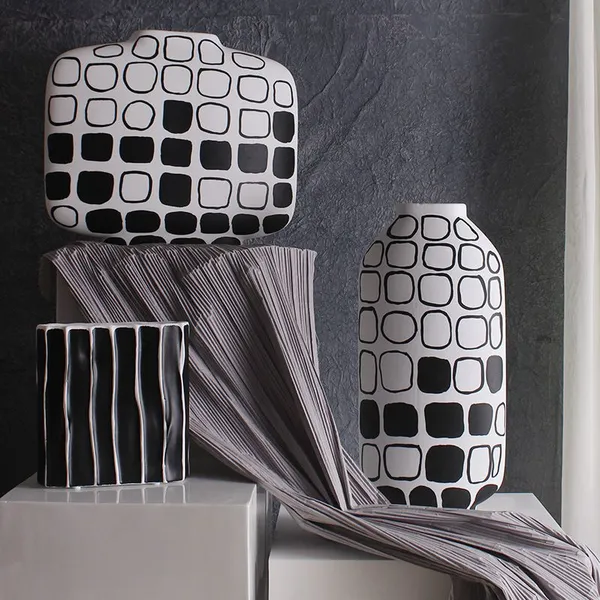 Minimalism Hand Paint White Black Stripe Grid Ceramic Flower Vase For Showroom Decor photo-4