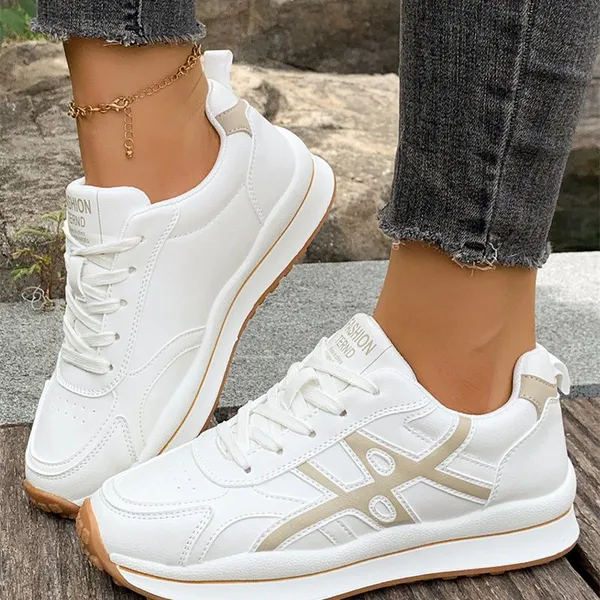 White Playful Contrast Color Detail Lace Up Womens Sneakers Girl Brown Varsity Color Block Patchwork Lace-up PU Leather Sneakers Wholesale photo-2