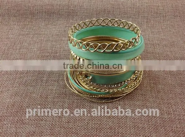 Handmade Gold Plated Multilayer Beads Chain Mix Bracelets Hard Plastic Bangles photo-6