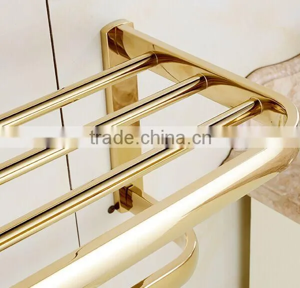 Golden Finish Modern Square Stainless Steel Towel Rack Holder Shelf W/ Towel Bar Hanger photo-6