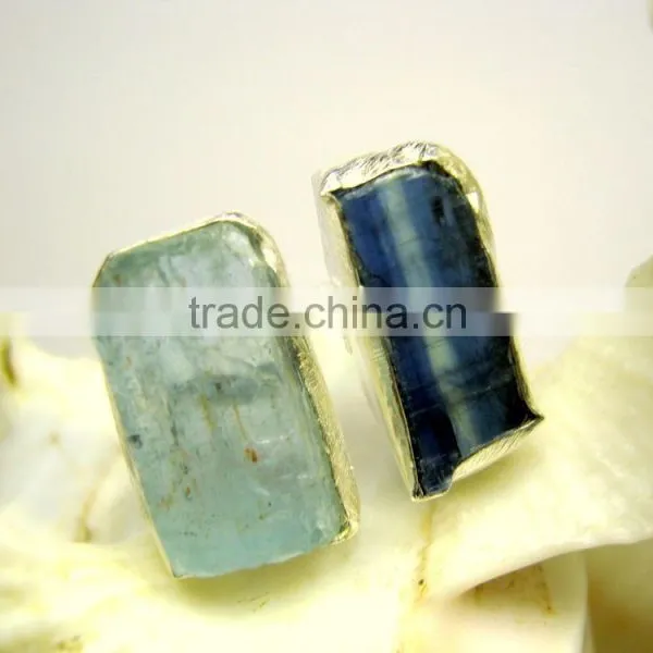 Aquamarine & Blue Kyanite Rough Natural Gemstones Ring, 925 Solid Sterling Silver Rings, Matt Finish Adjustable Rings photo-2