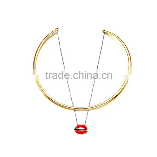 2016 Fashion Women Punk Necklaces Charm Party Gold Plated Red Lip Necklace Choker Collar Necklace photo-3