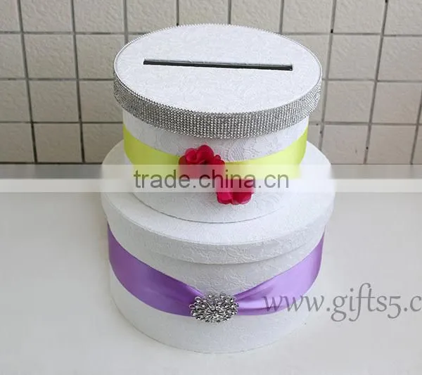 Elegant Handmade Round White Wedding Card Box With Red Flowers photo-2