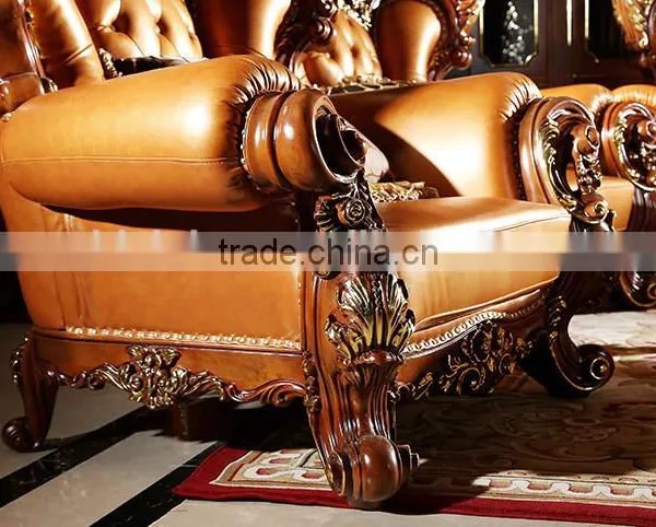 American Style Palace Leather Sofa With Carved Wooden Frame, Villa Sofa Set(MOQ=1 SET) photo-4