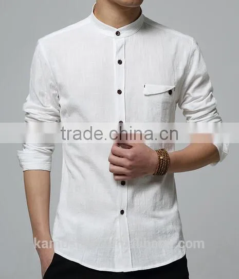 Latest Summer Shirt Cotton Linen Chinese Mandarin Collar Mens Shirts photo-3