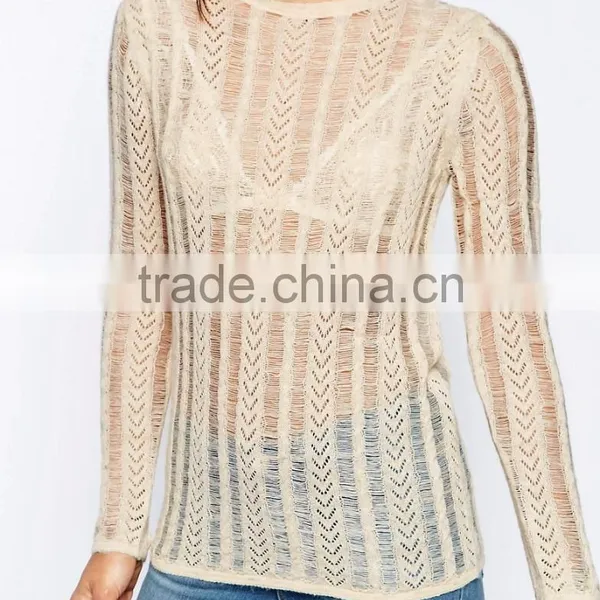Wholesale European Knitwear Perspective Sexy Long-Sleeved Casual Women Sweater With Vintage Pointelle Look photo-4