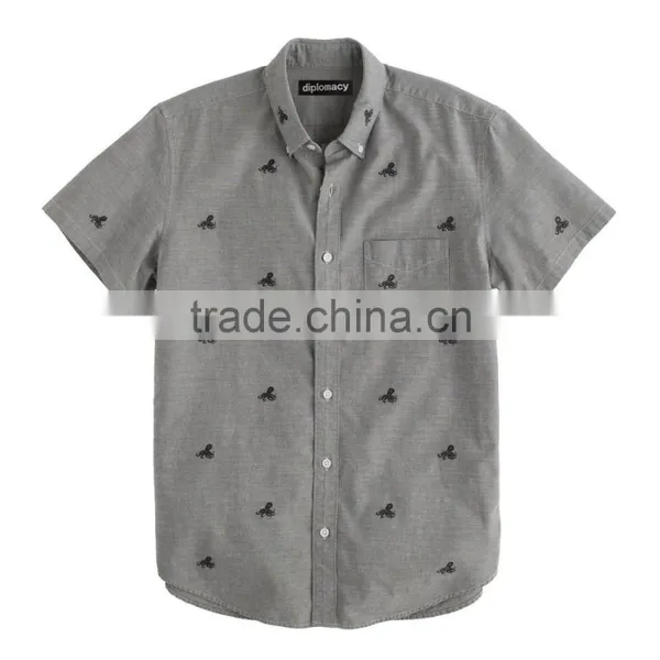 2015 New Arrival Short-sleeve Chambray Shirt With Embroidered Octopi Button-down Collar With Pocket photo-3
