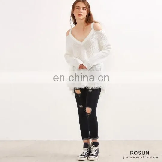 Newest Design White Cold Shoulder V Neck High Low Sweater photo-2