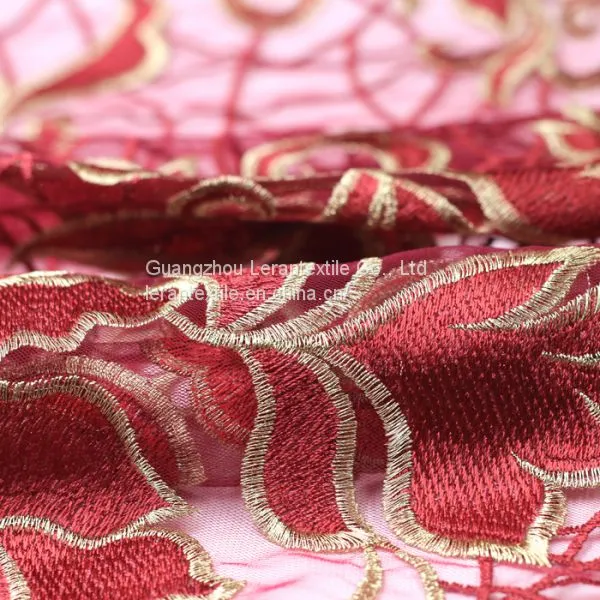 China Manufacture Africa Gold Giltter Tulle Net Embroidered Lace Fabric for Wedding photo-3