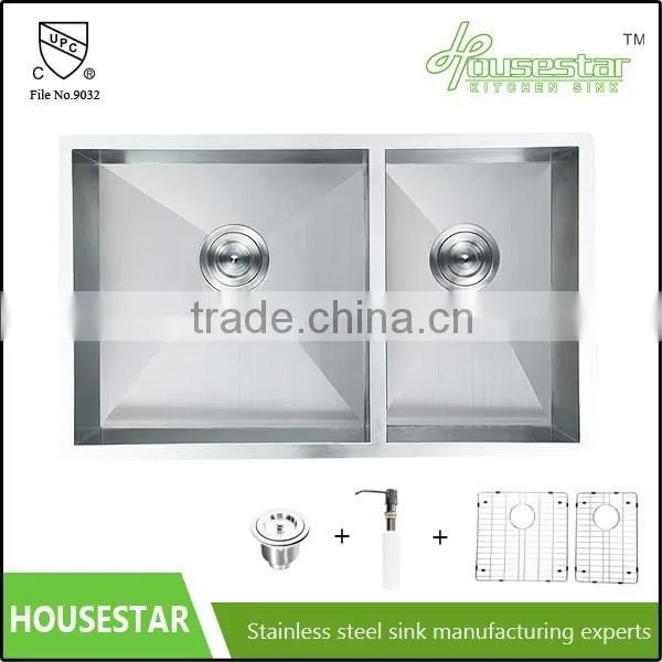 Factory Price Undermount Kitchen Sink Stainless Steel Handmade Double Bowl Kitchens Sink With Strainer and Colander R10-3219 photo-3