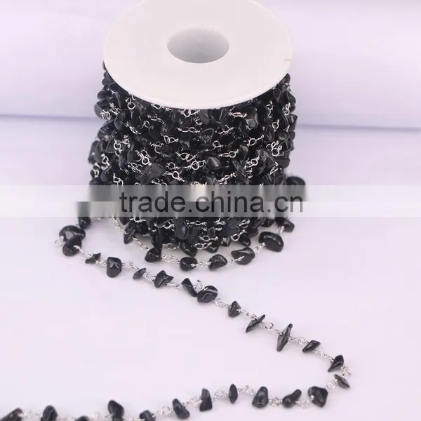 Rosary Chain Black Agate Chips Bead Free Form Chains Silver Plated Chain photo-2