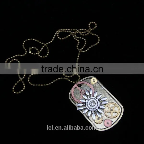 2015 Yiwu Fashion Imitation Jewelry Hot Sale Steampunk Necklace Dog Tag Gear Steam Flower Pendant Cameo Statement Necklace photo-4