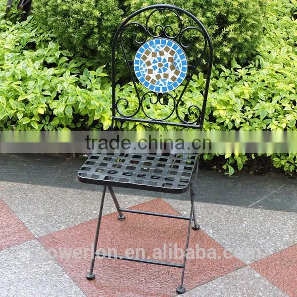 Mosaic Bistro Set Blue Pattern Black Wrough Iron KD Table Folding Chair photo-3